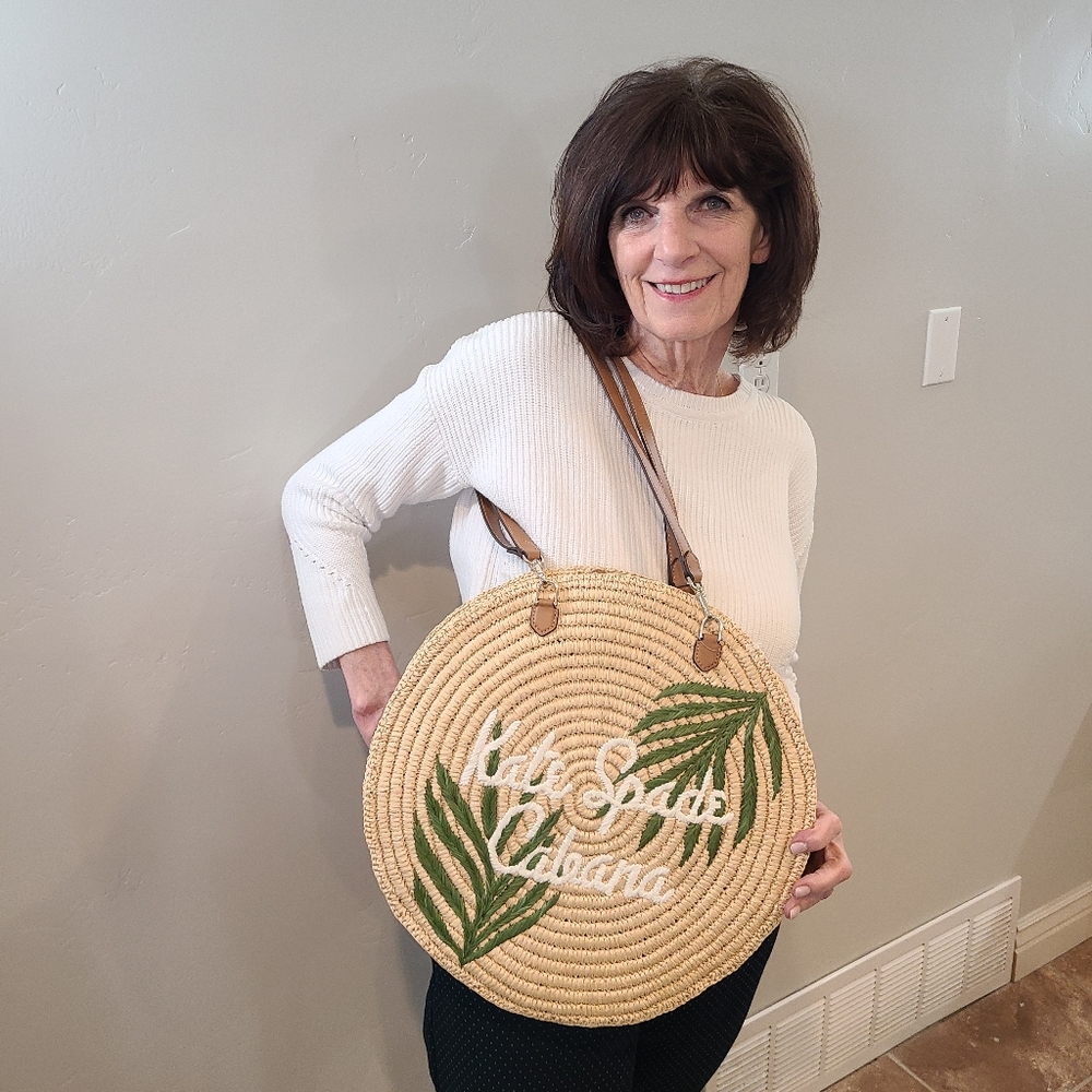 kate spade Natural Straw Round Tote with Green Leaf Embroidery and White Script - Picture 3 of 6